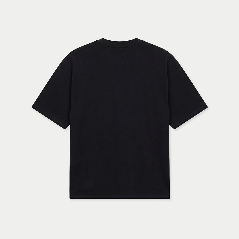 Oversized-T-Shirt „Caracas Merch Summer Script“ in Schwarz, Rückansicht, flach liegend, schlicht ohne Print